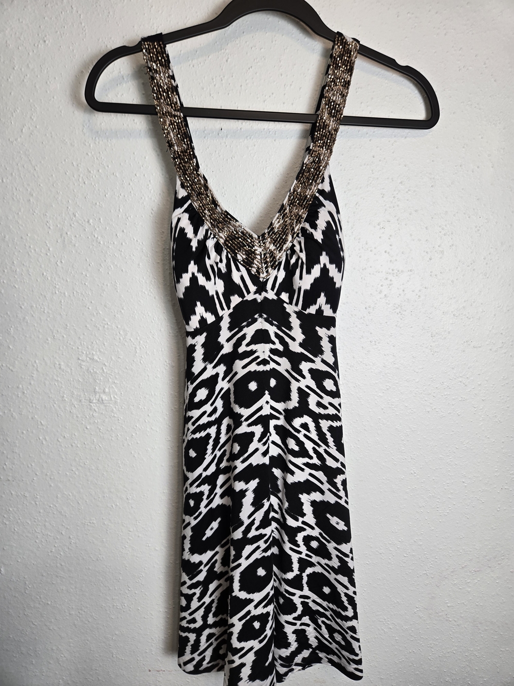 INC International Concepts Black & White Beaded V-Neck Mini Dress